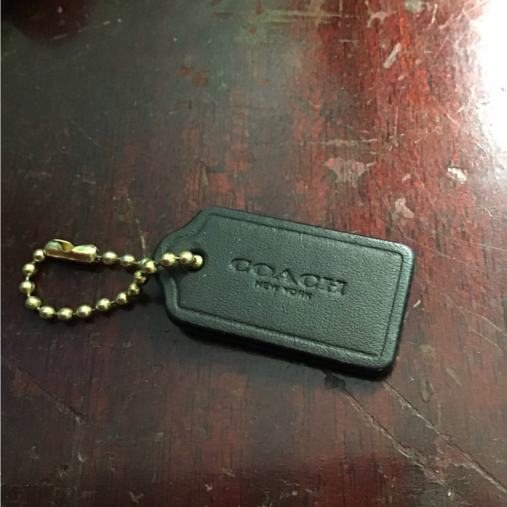 Coach Black Leather Tag Keychain with Gold Chain